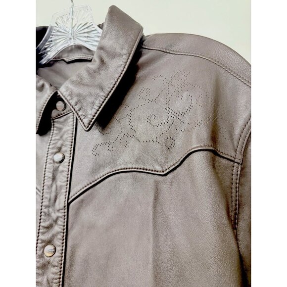 John Varvatos Chocolate Brown Leather Western Insp Sexy Shirt, Button/design - Picture 5 of 9